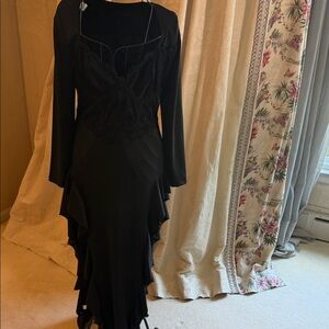 Elegant Black Long-Sleeve Ruffled Midi Dress